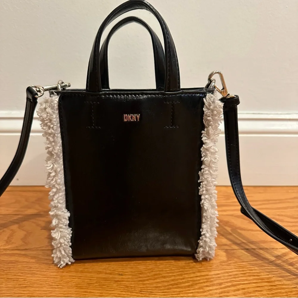 DKNY North South Crossbody Black Faux Leather Mini Tote with Sherpa Trim